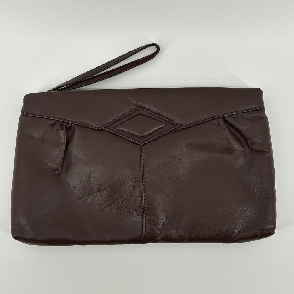 Vintage Dark Brown Soft Leather Wristlet Clutch Bag Made in Hong Kong Minimalist